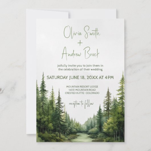 Waterverf Rustic Forest Mountain Natuur bruiloft Kaart (Voorkant)