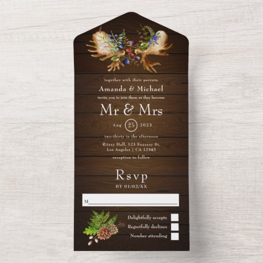 Waterverf Rustic Forest Wedding All In One Uitnodiging (Binnen)