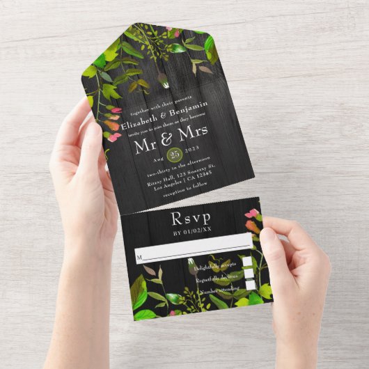 Waterverf Rustic Garden Backyard Barn Wedding All In One Uitnodiging (Afscheurbaar)