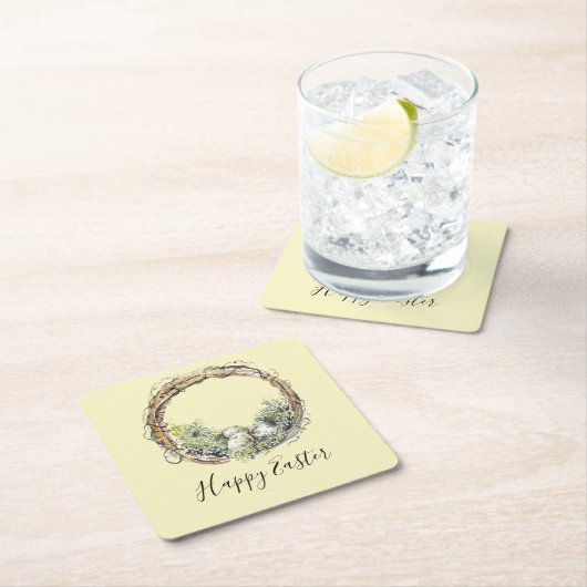 Waterverf Rustic Grapevine & Egg Nest Pasen Kartonnen Onderzetters (Insitu)