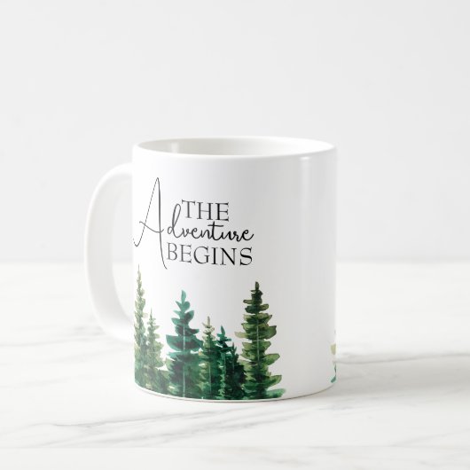 Waterverf Rustic Green Trees Adventure begint Koffiemok (Voorkant links)