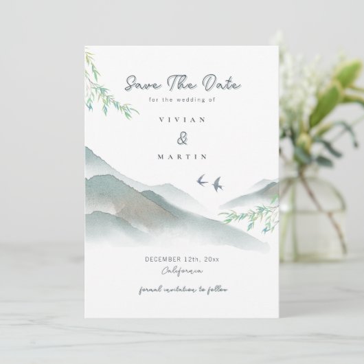 Waterverf Rustic Greenery Mountain Bewaar de datum Kaart (Staand voorkant)