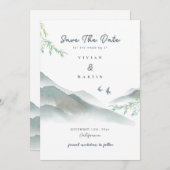 Waterverf Rustic Greenery Mountain Bewaar de datum Kaart (Voorkant / Achterkant)