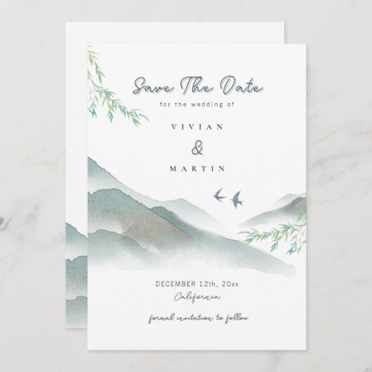 Waterverf Rustic Greenery Mountain Bewaar de datum Kaart (Voorkant / Achterkant)