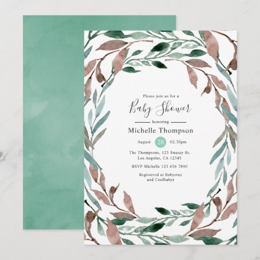 Waterverf Rustic Greenery Winter Baby shower Kaart (Voorkant / Achterkant)