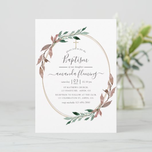 Waterverf Rustic Greenery Winter Baptisme Kaart (Staand voorkant)