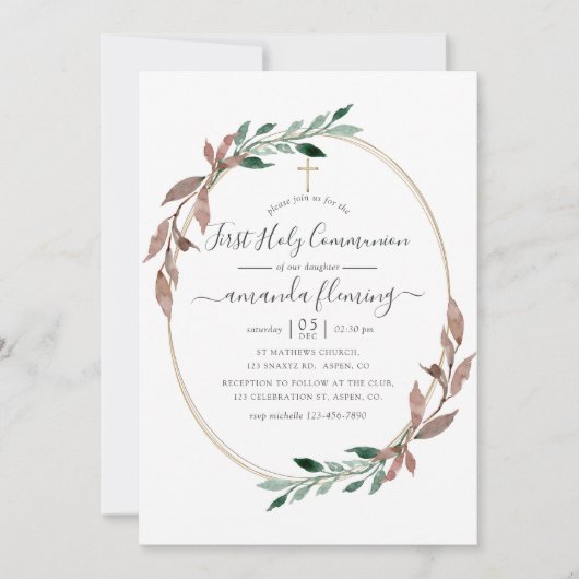 Waterverf Rustic Greenery Winter Heilige Communie Kaart (Voorkant)