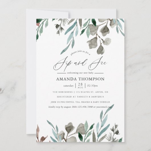 Waterverf Rustic Greenery Winter Sip en Zie Kaart (Voorkant)