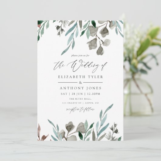 Waterverf Rustic Greenery Winter Wedding Kaart (Staand voorkant)
