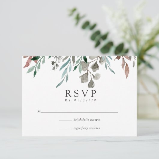Waterverf Rustic Greenery Winter Wedding RSVP Kaartje (Staand voorkant)