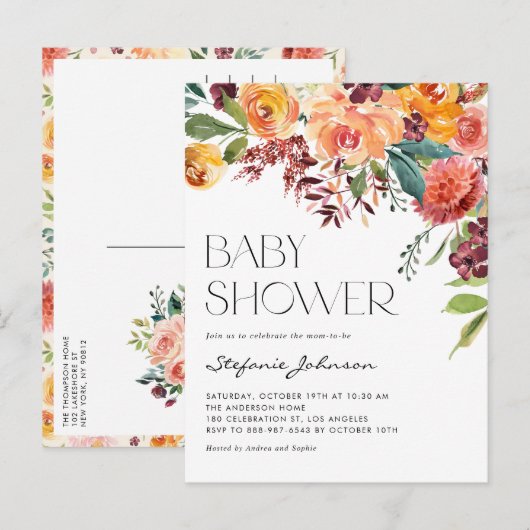 Waterverf Rustic Herfst Flowers Baby shower Uitnodiging Briefkaart (Voorkant / Achterkant)