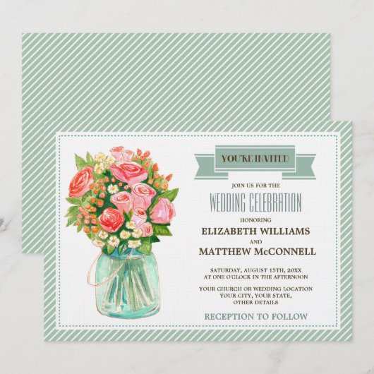 Waterverf Rustic Mason Jar Floral Wedding Kaart (Voorkant / Achterkant)