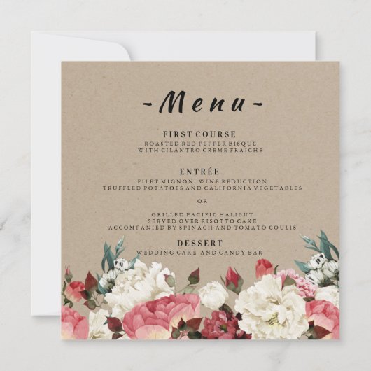Waterverf Rustic Peony Floral Table + Menu Kaart (Achterkant)