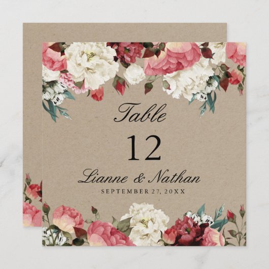 Waterverf Rustic Peony Floral Table + Menu Kaart (Voorkant / Achterkant)