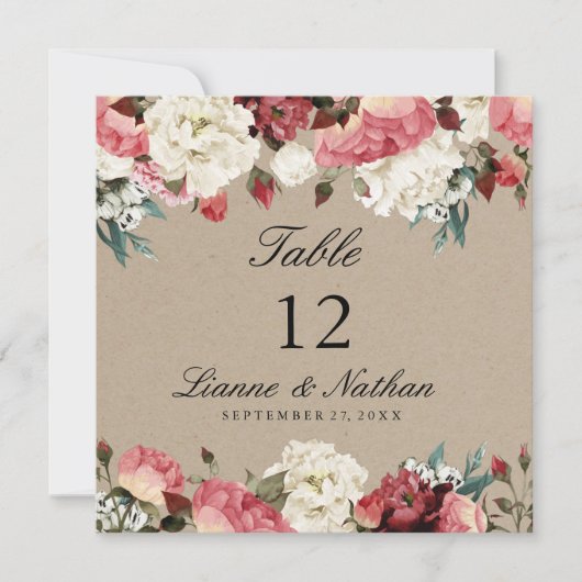 Waterverf Rustic Peony Floral Table + Menu Kaart (Voorkant)