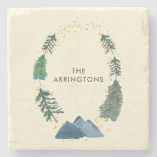 Waterverf Rustic Pine Forest Mountains, met naam Stenen Onderzetter