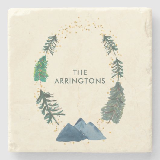 Waterverf Rustic Pine Forest Mountains, met naam Stenen Onderzetter (Voorkant)