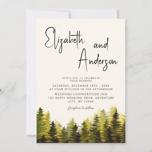Waterverf Rustic Pine Forest Wedding Kaart (Voorkant)