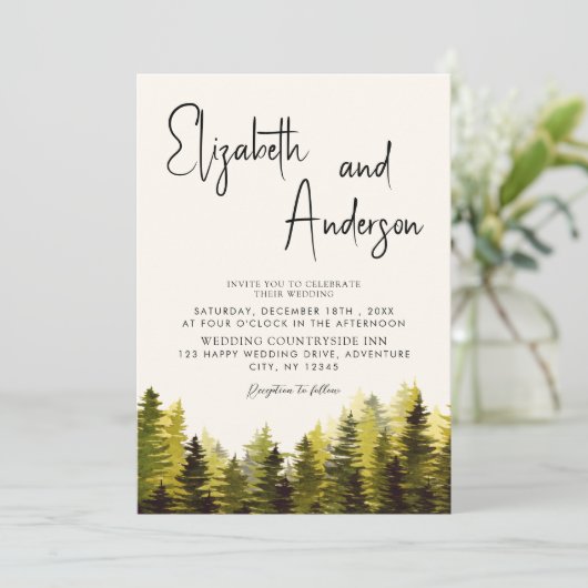 Waterverf Rustic Pine Forest Wedding Kaart (Staand voorkant)