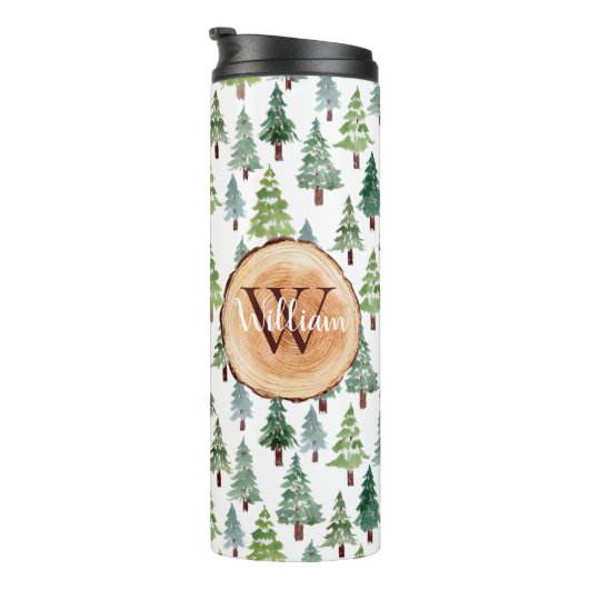 Waterverf Rustic Pine Winter Forest Personalized Thermosbeker (Geroteerd rechts)