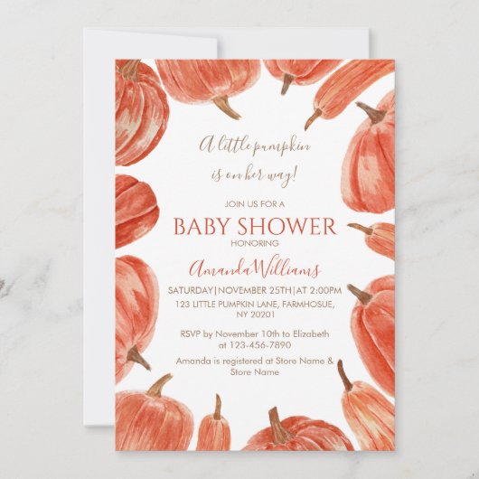 Waterverf Rustic Pumpkin Girl Baby shower Kaart (Voorkant)