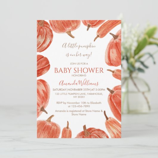 Waterverf Rustic Pumpkin Girl Baby shower Kaart (Staand voorkant)