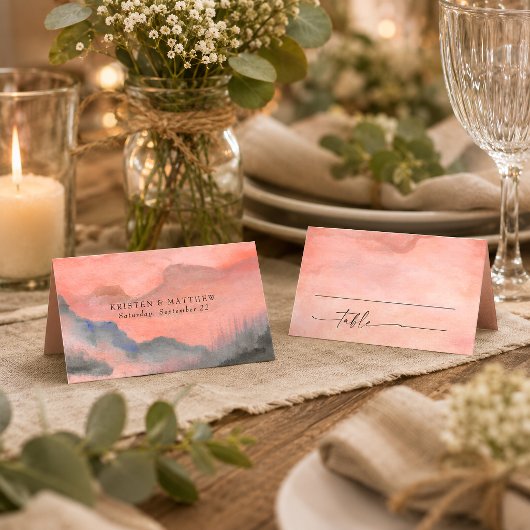 Waterverf Rustic Wedding Mountain Sunset Plaatskaartje