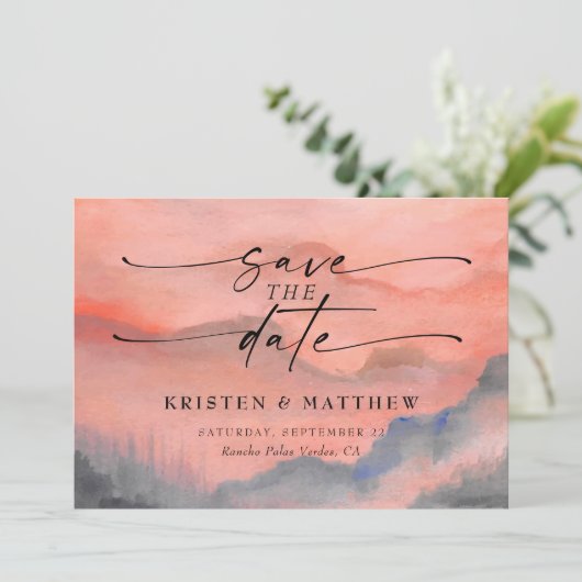 Waterverf Rustic Wedding Mountain Sunset Save The Date (Staand voorkant)