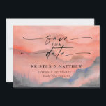 Waterverf Rustic Wedding Mountain Sunset Save The Date<br><div class="desc">Ga door met de toon van je rustige bruiloft met dit op de berg geïnspireerde ontwerp met een waterverf bergachtergrond met pijnbomen.</div>