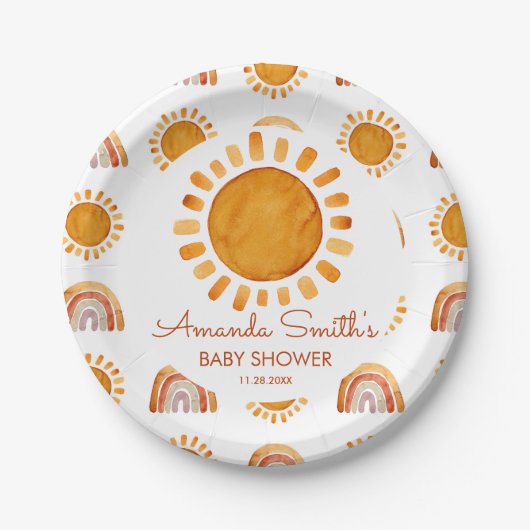 Waterverf Rustic Yellow Sun Boho Baby shower Papieren Bordje (Voorkant)