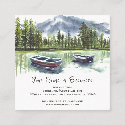 Waterverf Rustiek Bergmeer met Boten Vierkante Visitekaartje (Achterkant)