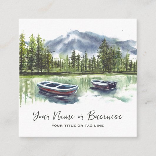 Waterverf Rustiek Bergmeer met Boten Vierkante Visitekaartje (Voorkant)