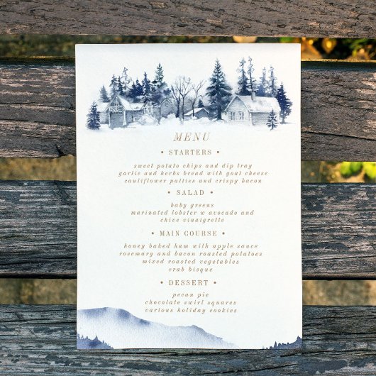 Waterverf Rustiek Blauwe Berg Bruiloft Menu Kaart