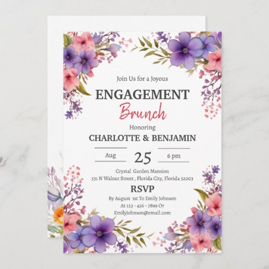 Waterverf Rustiek Bloemen Verloving Brunch Party Kaart (Voorkant / Achterkant)