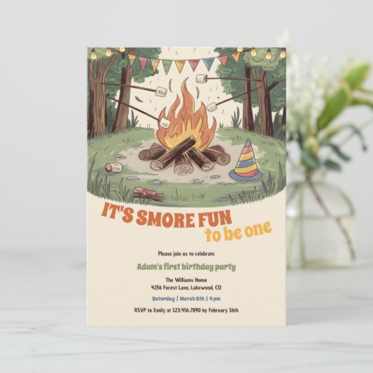 Waterverf Rustiek Bonfire Fun Smores 1e verjaardag Kaart (Staand voorkant)