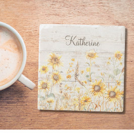 Waterverf Rustiek Geel Zonnebloem Tuin Hout Stenen Onderzetter