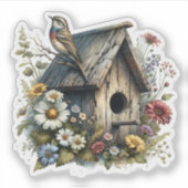 Waterverf Rustiek Vogelhuis en Vogel Sticker (Voorkant)