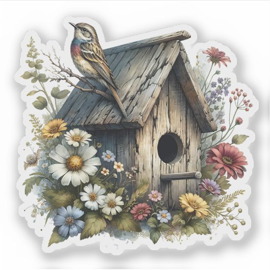  Waterverf Rustiek Vogelhuis en Vogel Sticker (Voorkant)