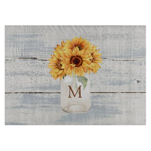 Waterverf Rustiek Zonnebloem Boeket in Mason Jar Snijplank (Voorkant)