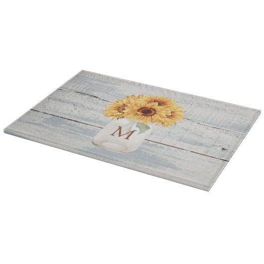 Waterverf Rustiek Zonnebloem Boeket in Mason Jar Snijplank (Hoek)