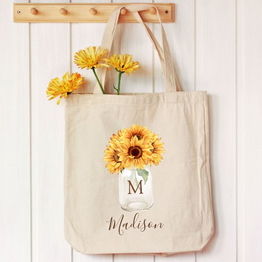 Waterverf Rustiek Zonnebloem Boeket in Mason Jar Tote Bag