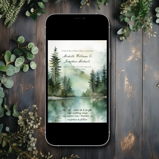 Waterverf rustieke berg Lake bos bruiloft Kaart