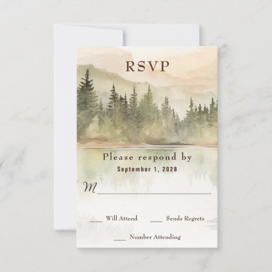 Waterverf rustieke berg Lake bos bruiloft RSVP Kaartje (Voorkant)
