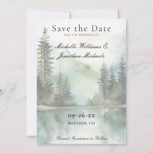 Waterverf rustieke berg Lake bos bruiloft Save The Date (Voorkant)