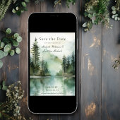 Waterverf rustieke berg Lake bos bruiloft Save The Date