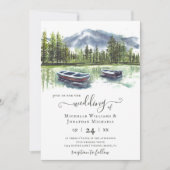 Waterverf rustieke berg meer met boten bruiloft kaart (Voorkant)