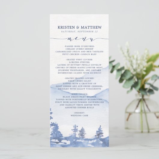 Waterverf rustieke blauwe berg bruiloft menu (Staand voorkant)