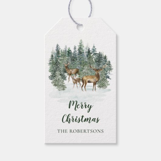 Waterverf rustieke bos herten kerst cadeaulabel (Voorkant)