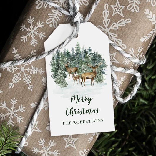 Waterverf rustieke bos herten kerst cadeaulabel