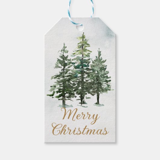Waterverf rustieke bos pijnbomen kerst cadeaulabel (Voorkant)